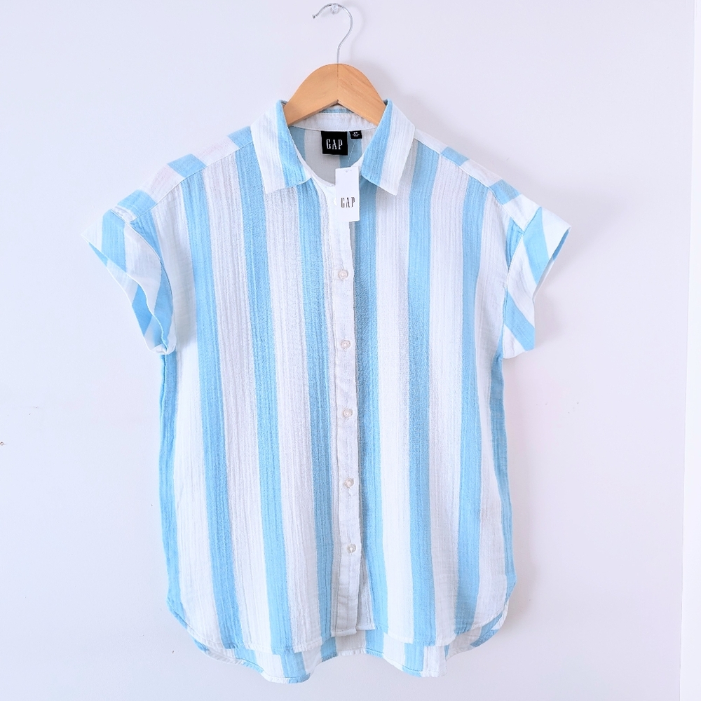 Crinkle Gauze Button Front Shirt Light Blue Stripe